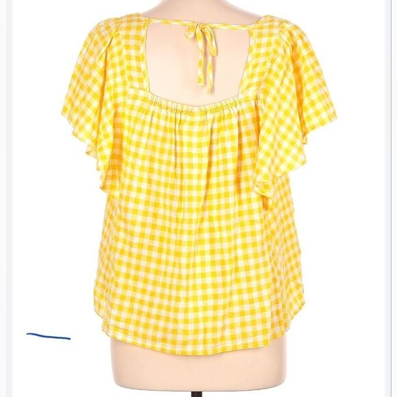 Old Navy M FlutterSlve LINEN Blend Gingham YellowWhite Plaid Tie Back Women Top - Picture 6 of 6
